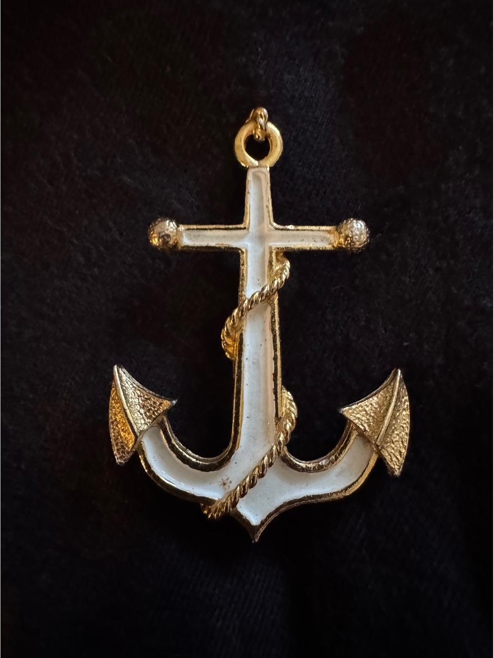 Vintage Gold Tone White Enamel Anchor Brooch Pin Nautical Retro